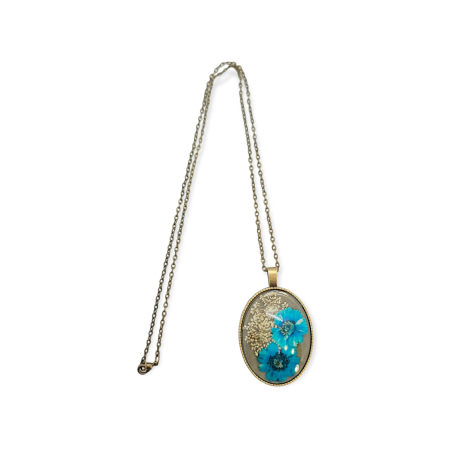 Necklace bronze oval blue flowers